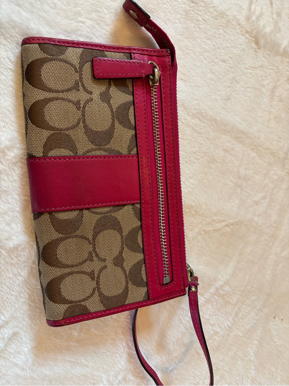 Coach Brown Signature Canvas Wristlet with Pink Trim